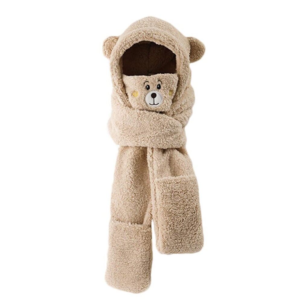 8515 Women's Cute Cartoon Bear Ear Warm Hoodie Long Scarf Glovess Soft